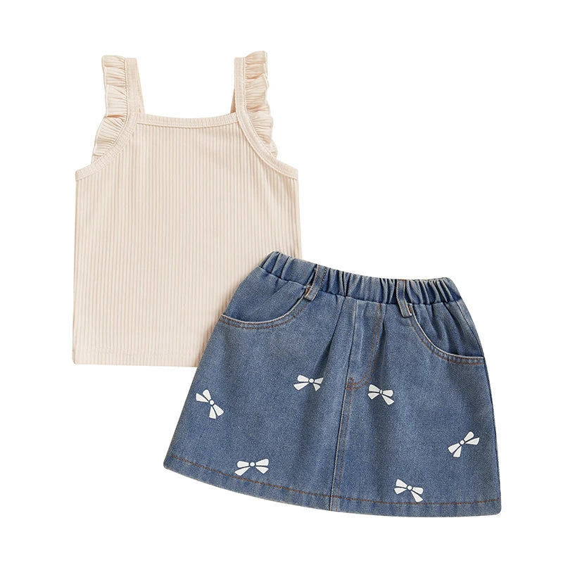 Adorable Toddler Girl Summer Outfit Ribbed Tank Top with Fly Sleeves and Bow Denim Skirt Set - Cute 2 Piece Clothes