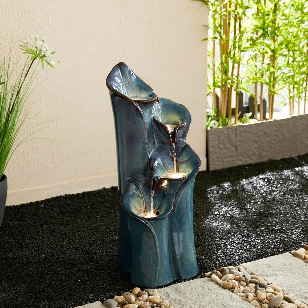 31.25 "H Outdoor Fountain with LED Lights and Water Pump, 4-storey Ceramic Floor Fountain, Waterfall Courtyard Vase Fountain