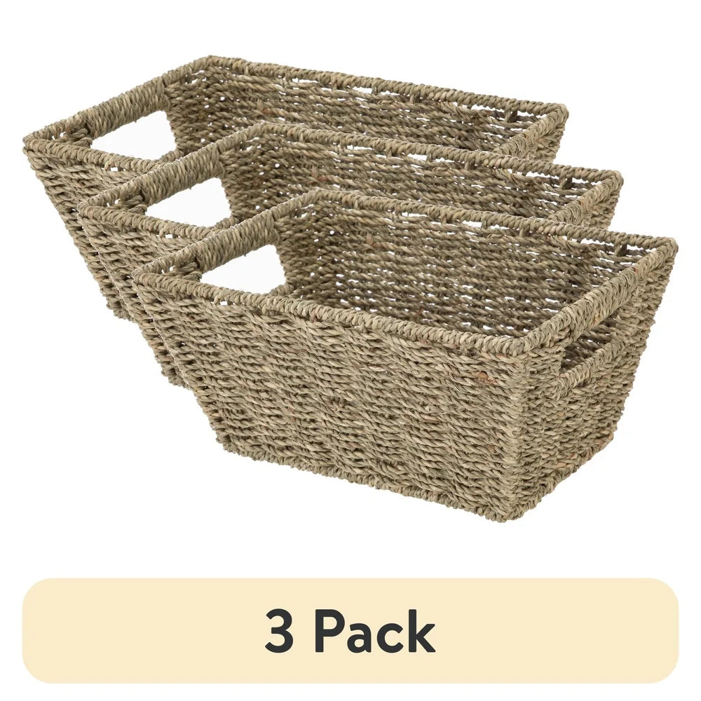 3 Pack Handwoven Seagrass Storage Baskets Rectangle Versatile Natural Color Perfect Toiletries Accessories Gift Giving