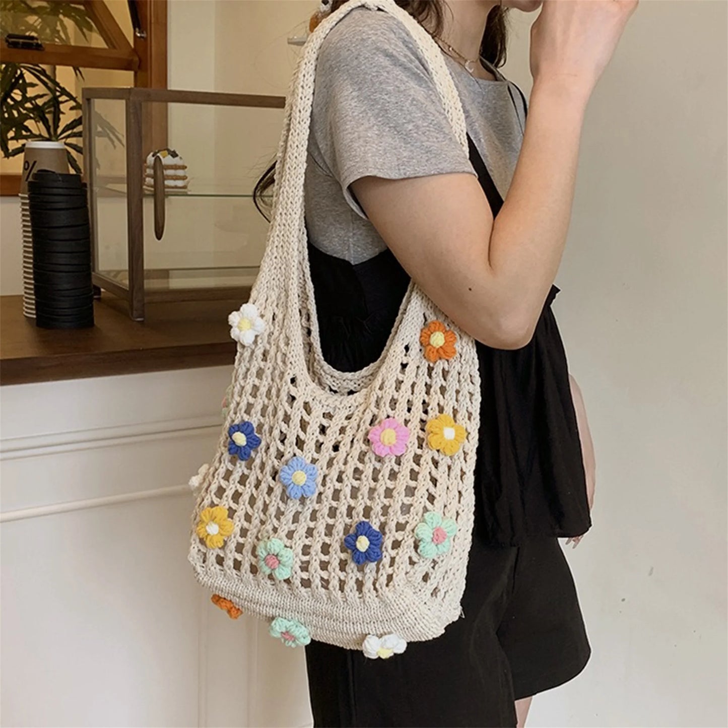 Elegant Floral Embroidered Beach Tote Bag with Tassel Detail Stylish Crochet Shoulder Bag for Summer Vacation Large Capacity