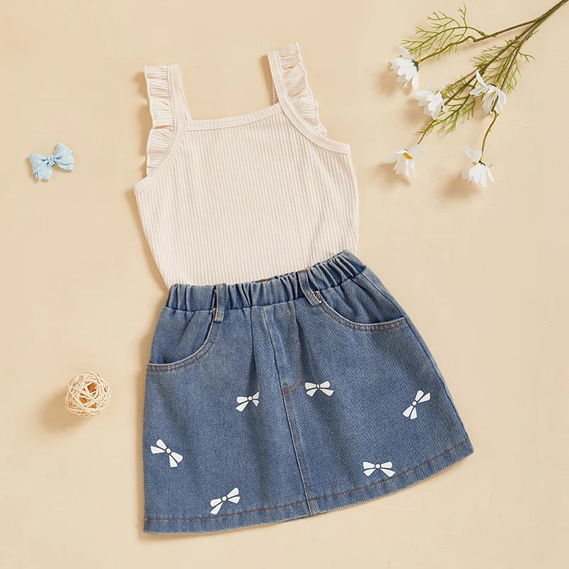 Adorable Toddler Girl Summer Outfit Ribbed Tank Top with Fly Sleeves and Bow Denim Skirt Set - Cute 2 Piece Clothes
