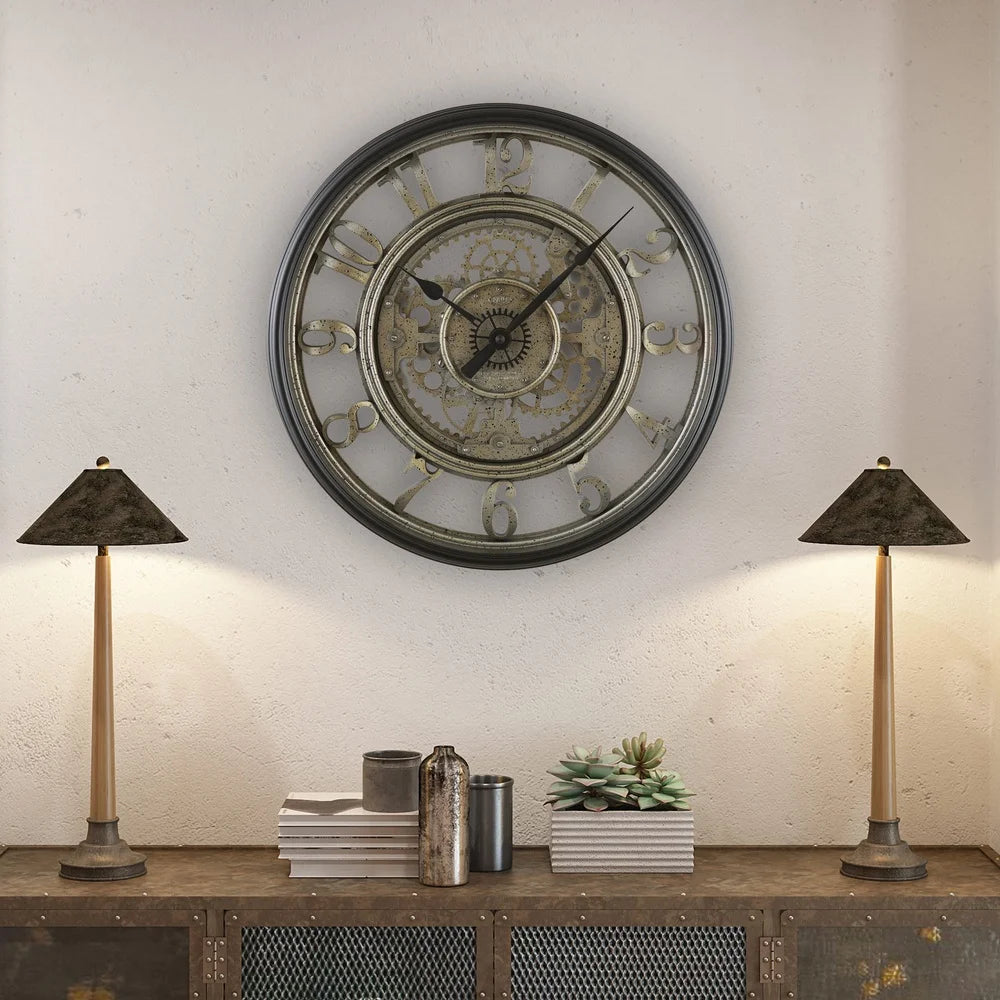 20 Inch Indoor Rustic Metal Arabic Analog Wall Clock with Moving Gears Lightweight Quartz Movement Home Decor Battery Operated