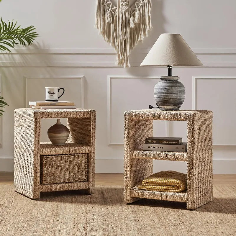 Rattan Nightstand with Two Open Shelves, Seagrass Side Table Coastal Style, Set of 2 (Natural)