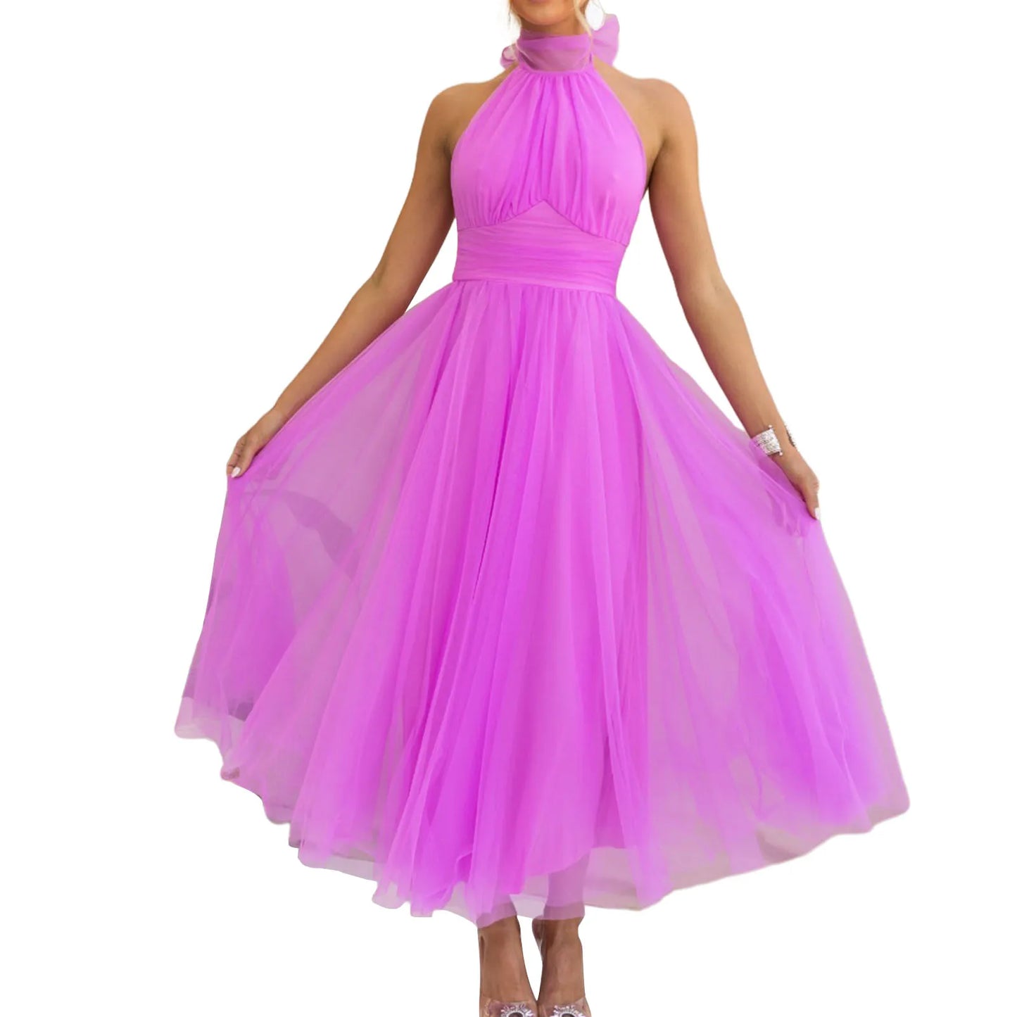 Women’s Backless Long Dress Adjustable Tie Halter Neck Tulle High Waist Solid Party Wedding Dress