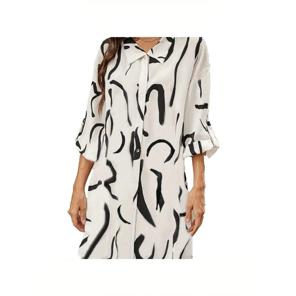 Plus Size Women's Fashionable Shirt with Striped Print Long Sleeved Flip Tie Button Casual Commuting Women's Shirt