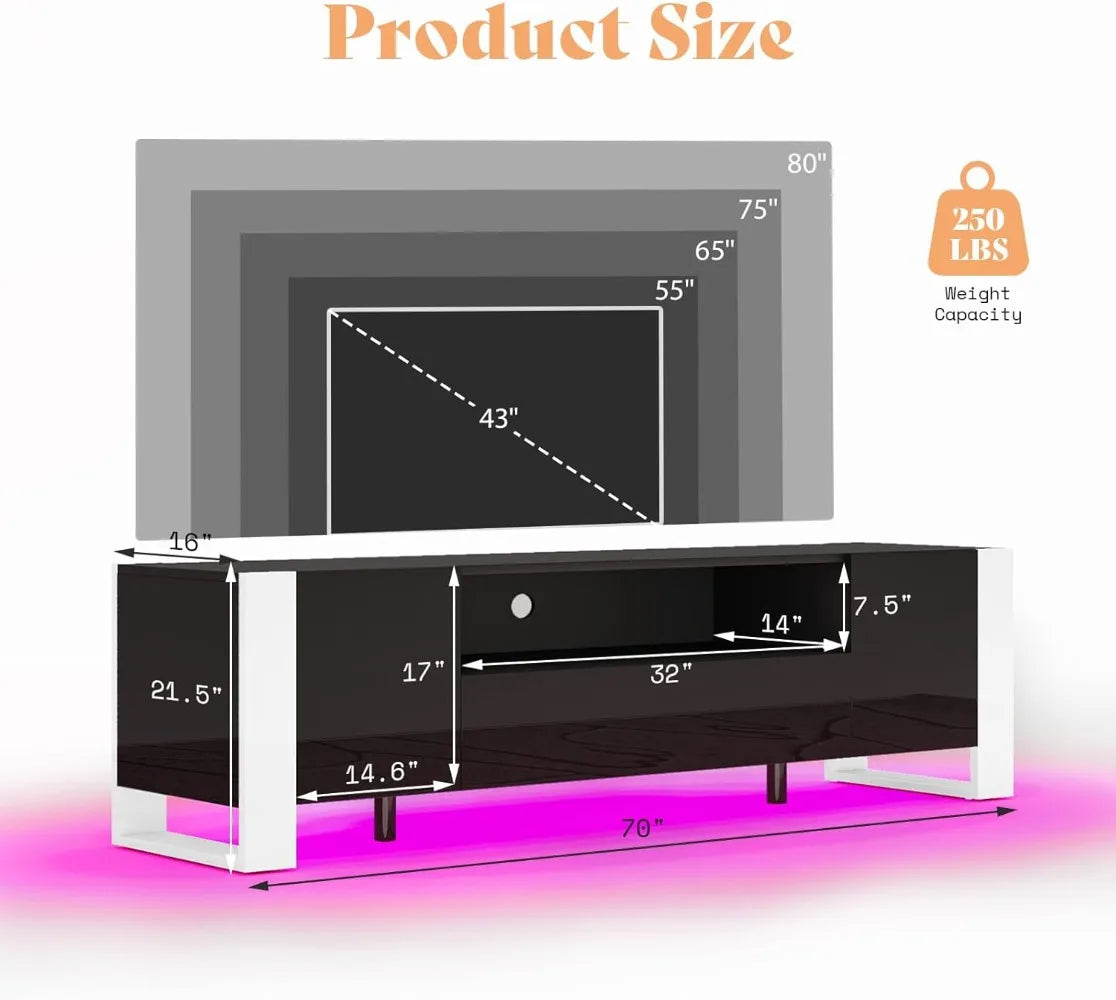 70 inch TV Stands with LED Lights, High Gloss TV Console Modern Entertainment Center with 2 Cabinet Storage Drawer