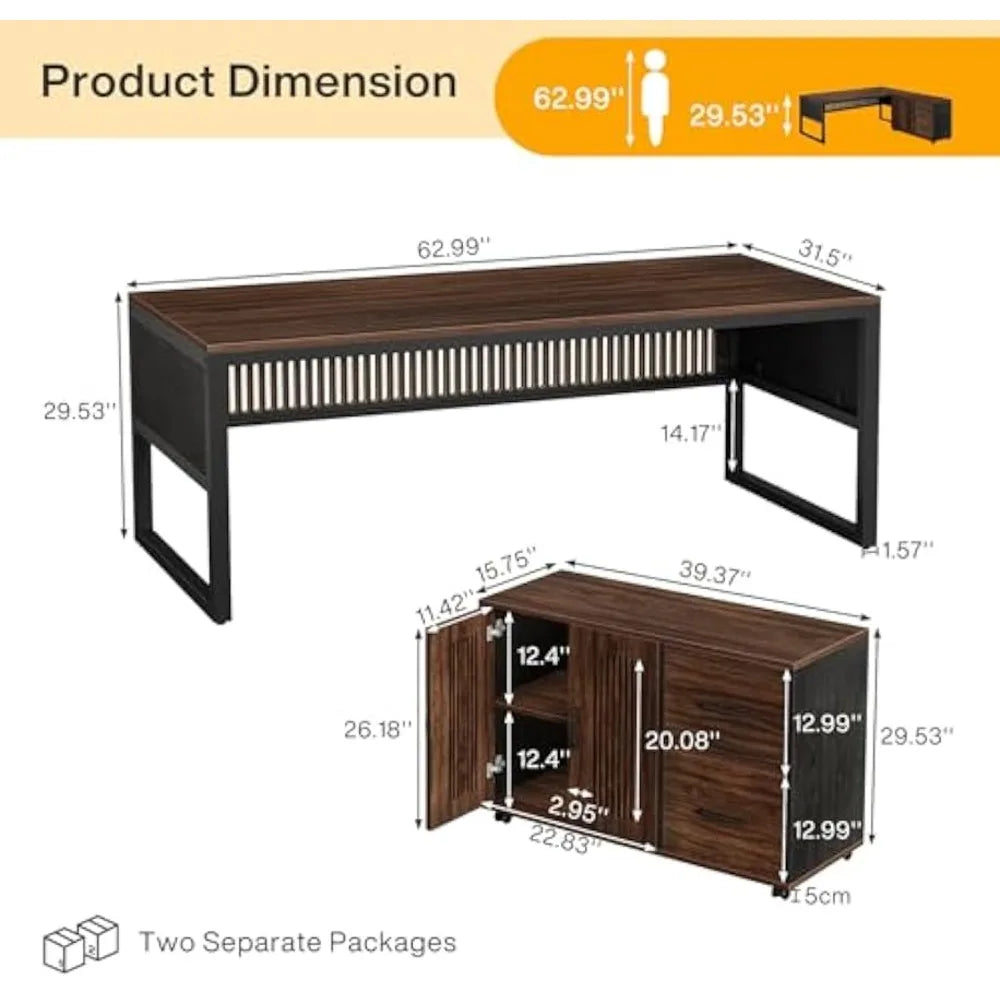 Large L-Shaped Executive Office Desk with Mobile File Cabinet and Drawers