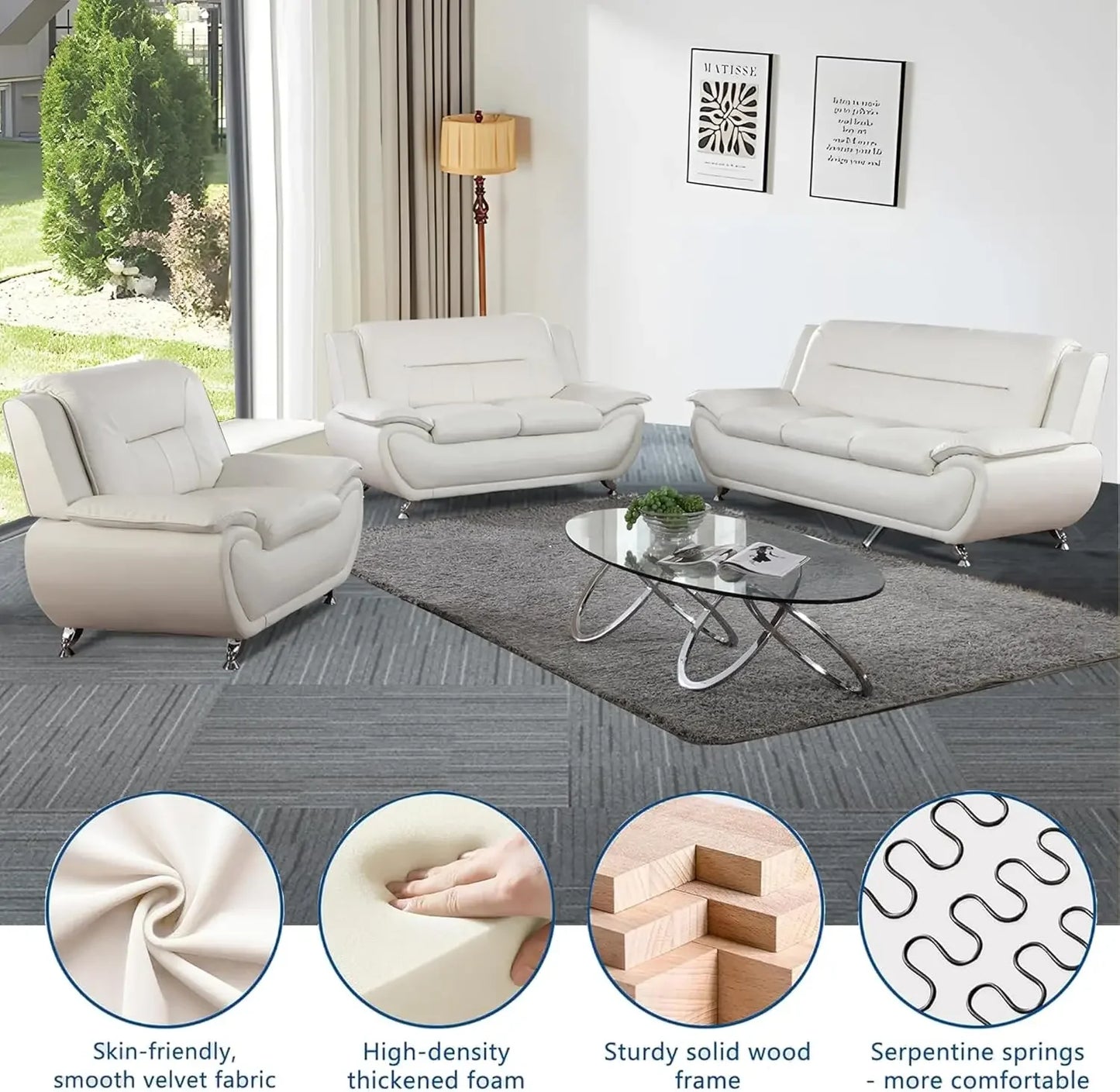3 Piece Living Room Couch Set, Faux Leather Sofa Set, Modern Sofa Couch Set Living Room Furniture (Sofa+Loveseat+Chair