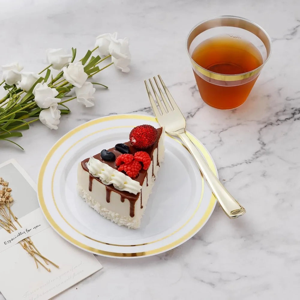 NEW Gold 600PCS Dinnerware Set for 100 Guests,Plastic Plates,100 Gold Disposable Plates,Dessert Plates,Cups,Spoons, Forks&Knives