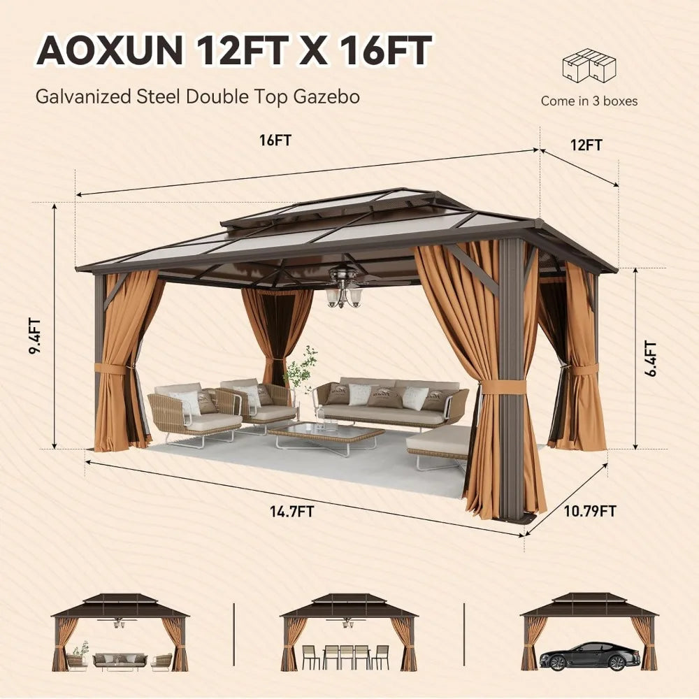 12'x16' Hardtop Gazebo, Aluminum Frame Permanent Pavilion with Netting and Curtains, Outdoor Polycarbonate Double Roof