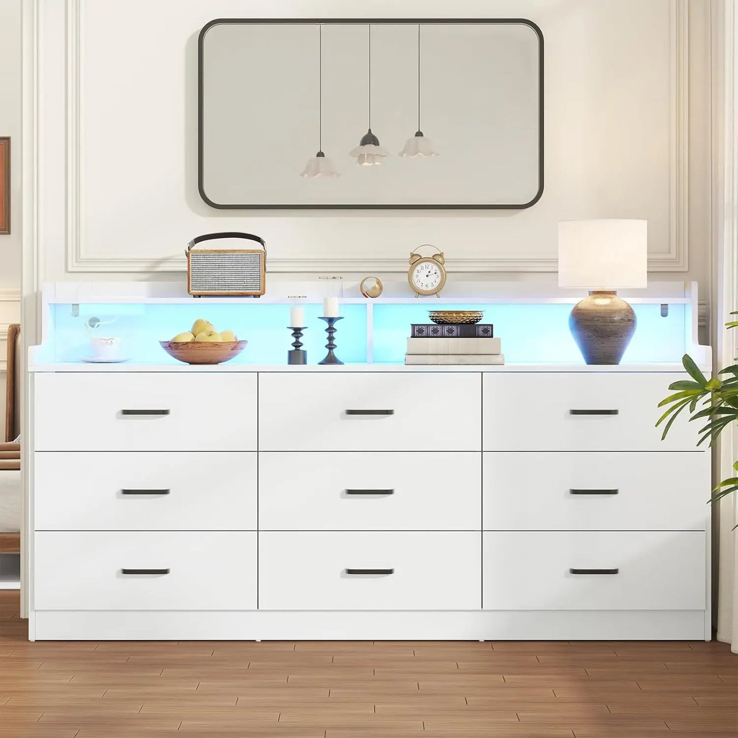 9 Drawer Dresser with Built-in Power Outlet, Mid Century Modern Chest of Drawers for Bedroom,63'' Triple Wide Dresser Storage
