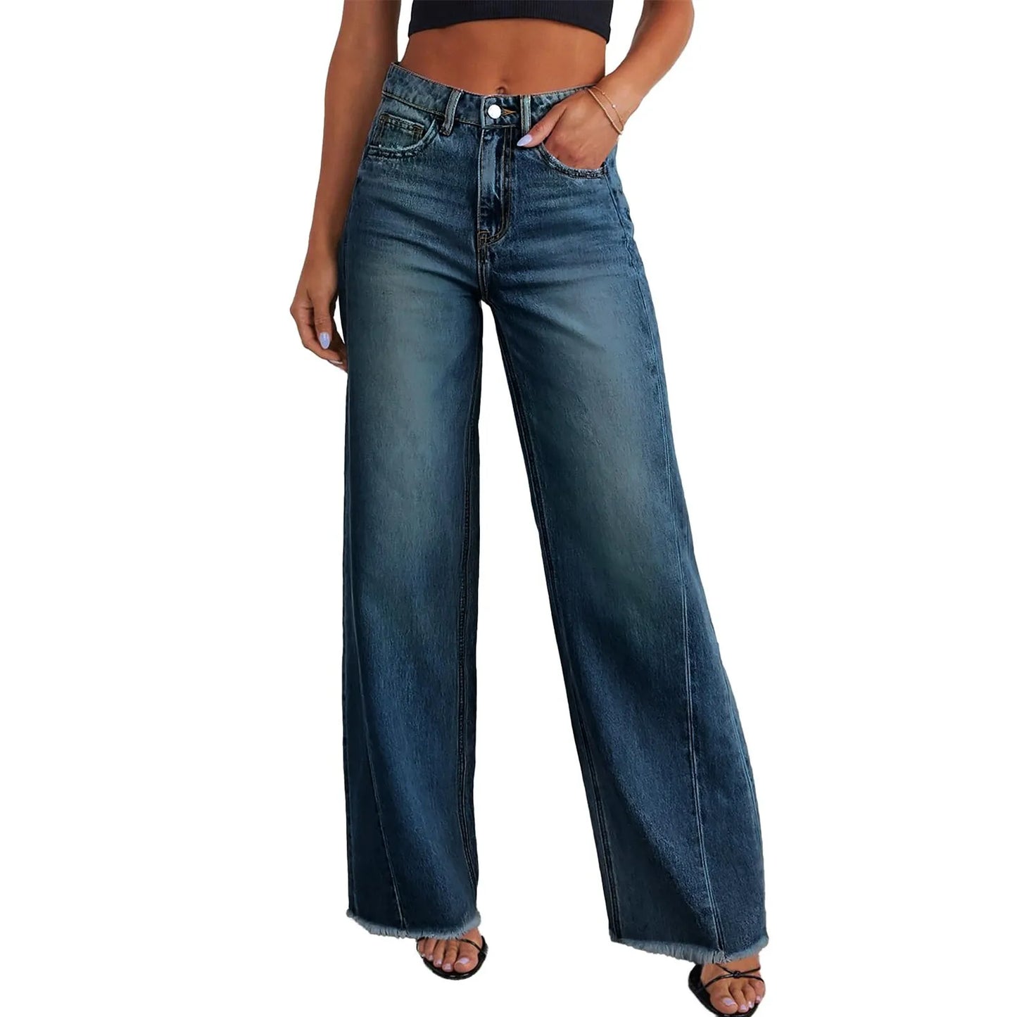 Retro High Waist Straight Leg Jeans Women's Fashion Cross-Border Frayed Hem New Style Side Seam Patchwork Distressed