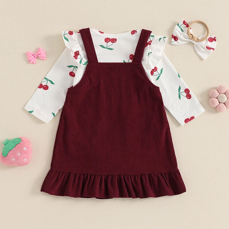 Toddler Girls 3-Piece Outfit Floral Print Long Sleeve Romper with Suspender Skirt and Matching Bow Headband Autumn Set