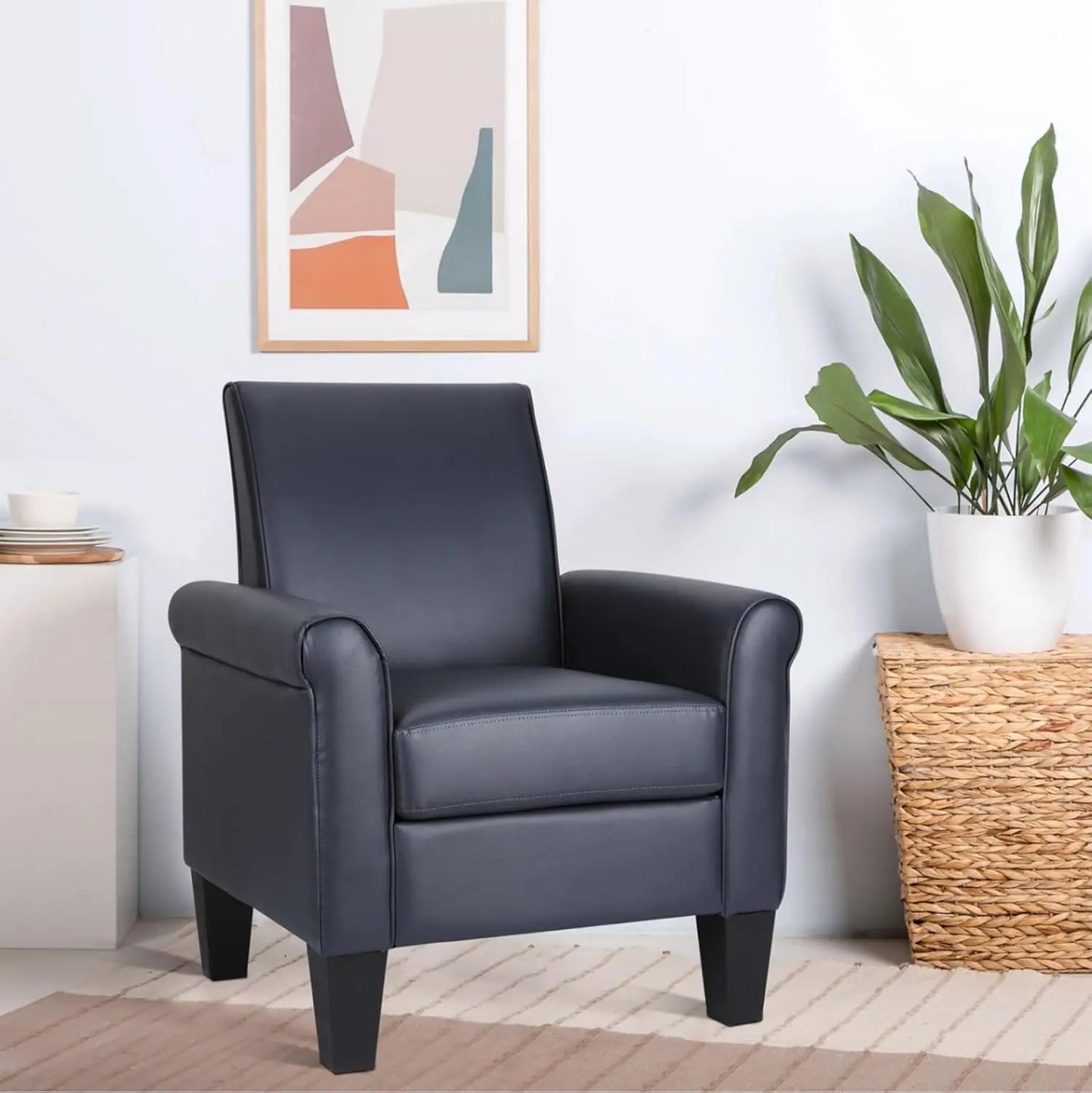 Mid-Century Modern Leather Accent Chairs Overstuffed Leather Living Room Chair Upholstered Comfortable Club Chair
