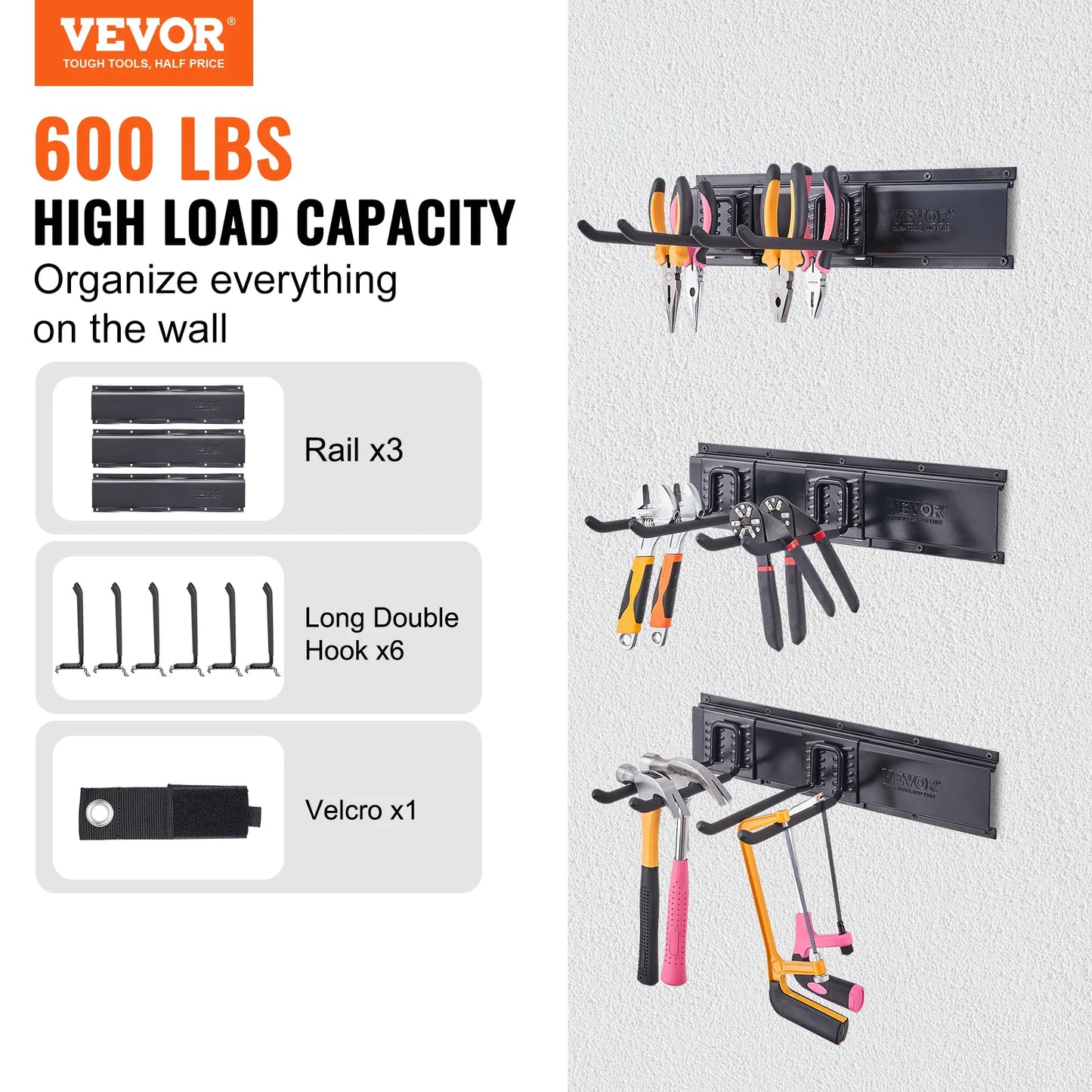 SucceBuy Garage Tool Organizer Wall Mount Yard Garden Heavy Duty Storage Rack W/ Adjustable Hook Rails for Shovels Trimmers Hose