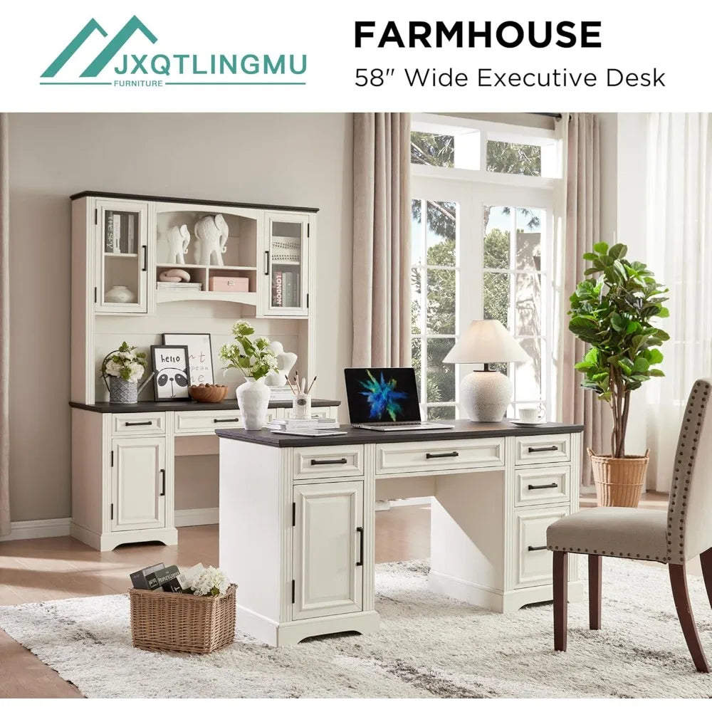 58" Executive Desk, Farmhouse Computer Desk with Drawers and Cabinet, Embossed Texture Home Office Desk, Workspace for Work Stu