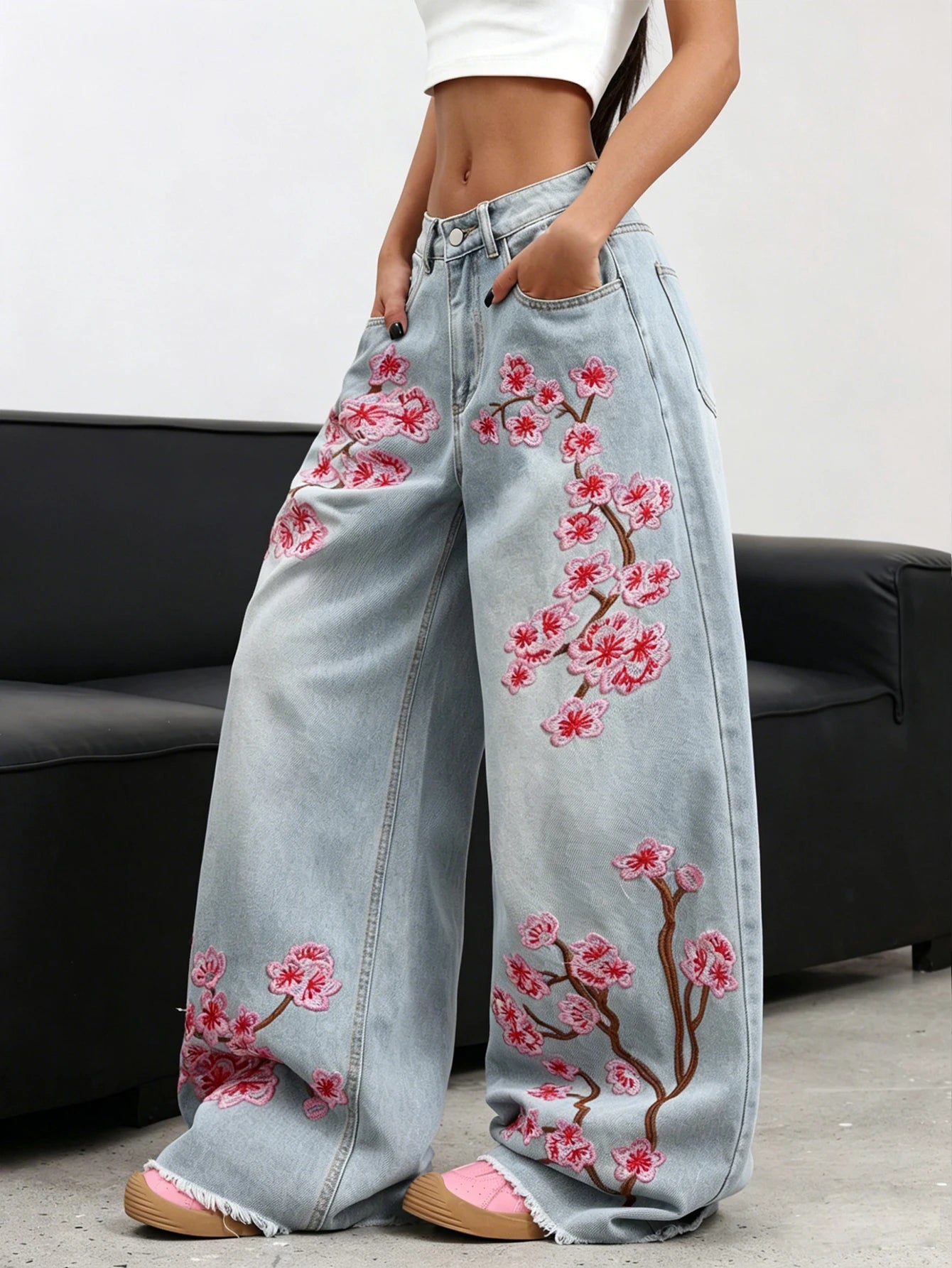 American Retro Plum Blossom Embroidery Design Blue Women's Loose Wide-Leg Jeans Y2K Street Fashion Versatile Straight Trousers