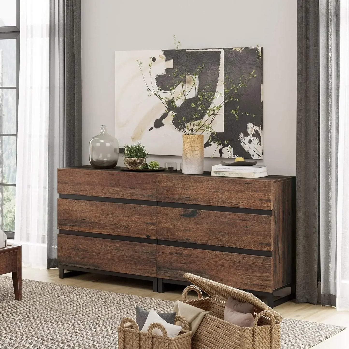 Dresser for Bedroom, Modern Wooden Chest , 6-Drawer Storage and Closet Organizer for Living Room, Hallway, or Entryway, Brown