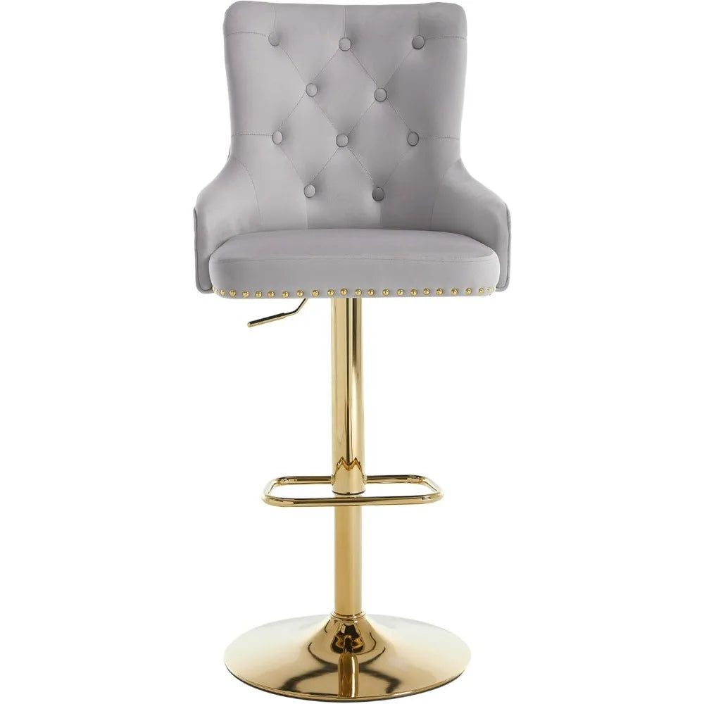 Velvet Gold Barstools Set of 2, Modern Counter Height Adjustable Swivel Stools Chairs with High Tufted Backrest Golden Base Lion