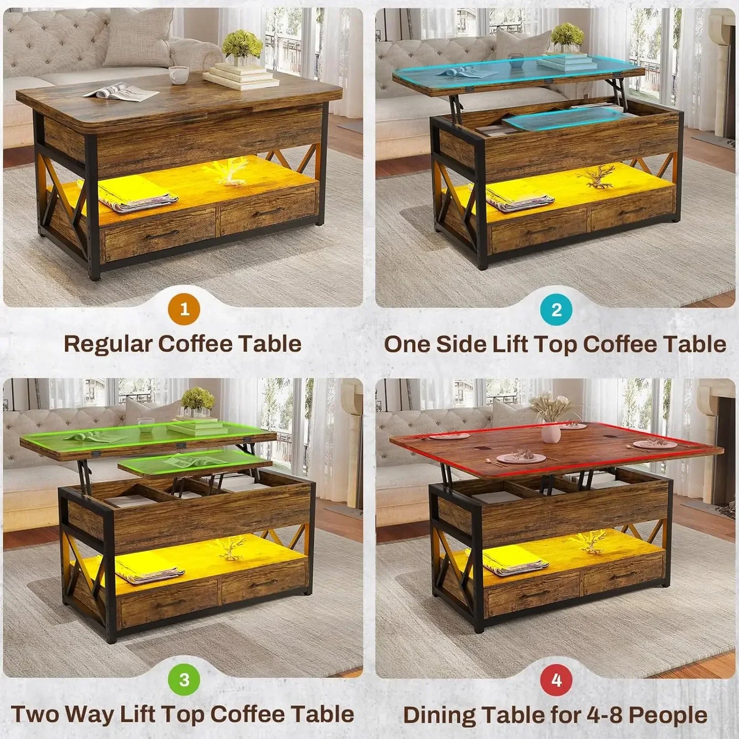 40" Lift Top Coffee Table, 4 in 1 Coffee Tables with Storage for Living Room, Small Farmhouse Coffee Table with 2 Drawers