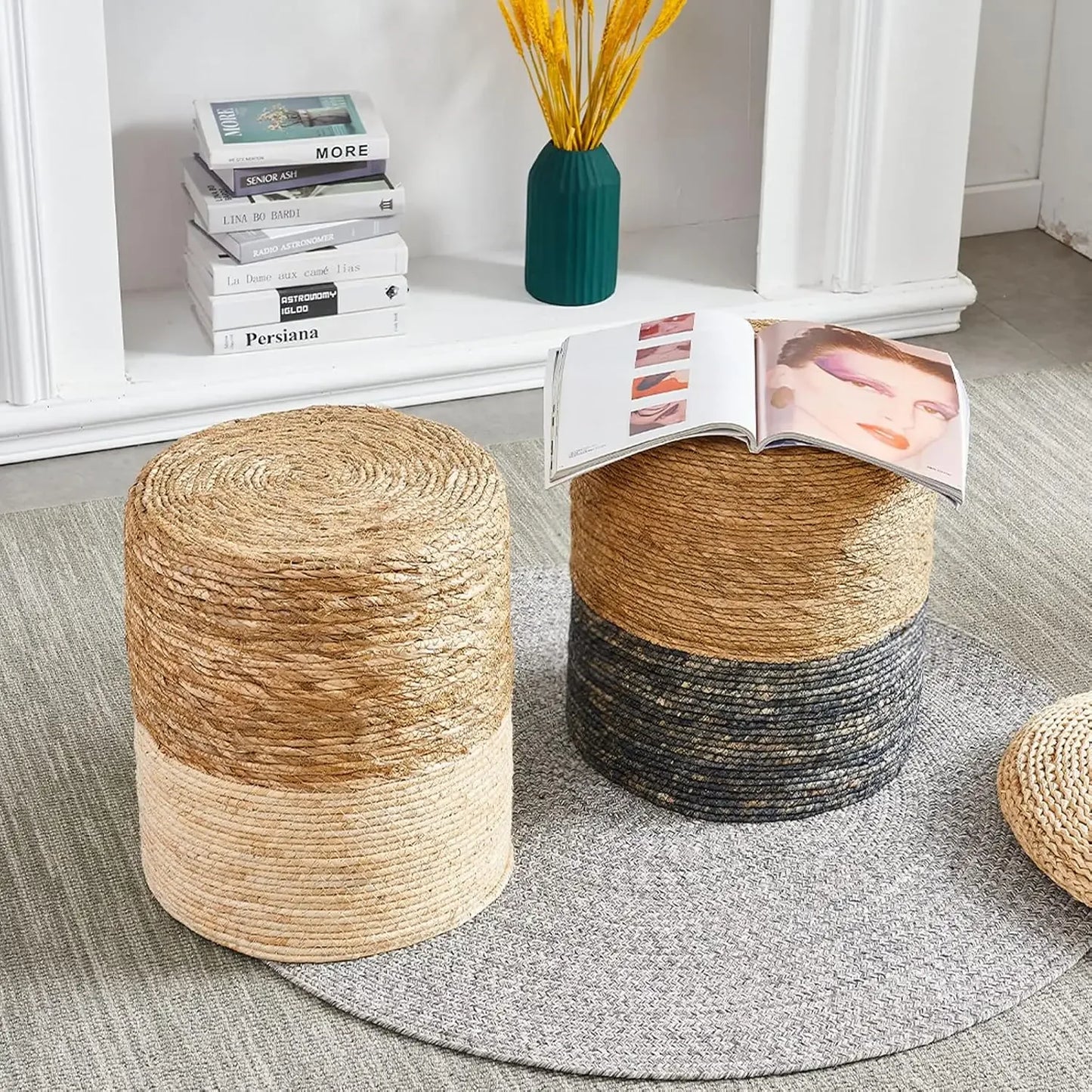 Pouf Ottoman, 100% Handwoven Seagrass Braided Pouffe, Boho Decor Floor Chair for Couch or Desk, Round Footrest with Wood Frame