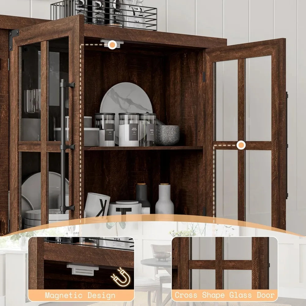 Farmhouse 63" Buffet Sideboard Cabinet with Glass Door, Large Storage Cabinet with Adjustable Shelf, Wooden Coffee Bar Station