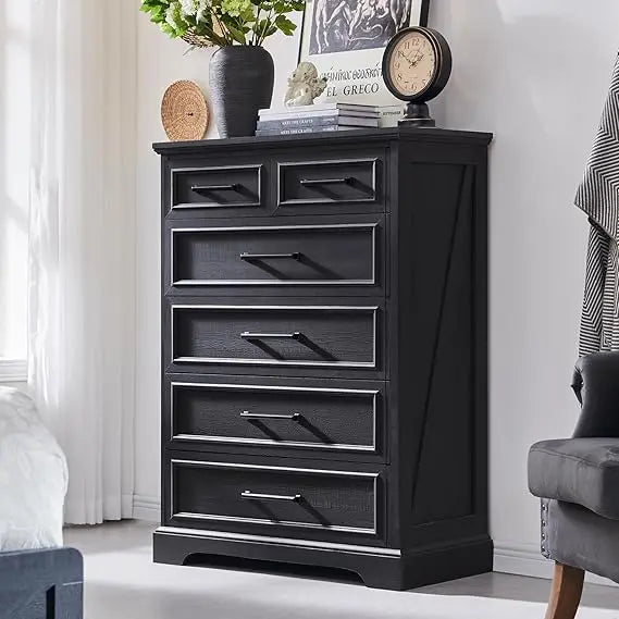6 Drawer Dresser, Farmhouse Chest of Drawers for Bedroom, 44" Tall Kids Dresser with Large Metal Handles, Wood Drawer Organizer