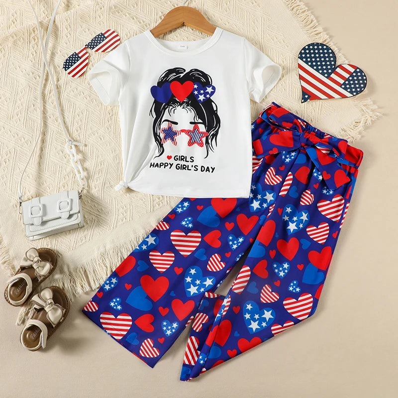 Cute Toddler Independence Day Outfit American Flag Print Sleeveless Top and Denim Shorts 2 Piece Set for Girls