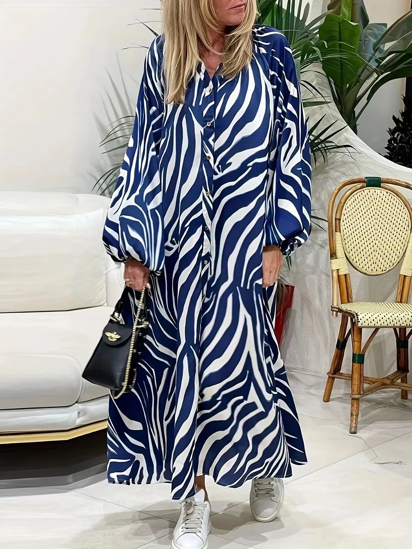 Plus Size Women's Striped Long Sleeve Shirt Dress Fashion Lantern Sleeve Dress Elegant Button Decoration Casual Long Dress