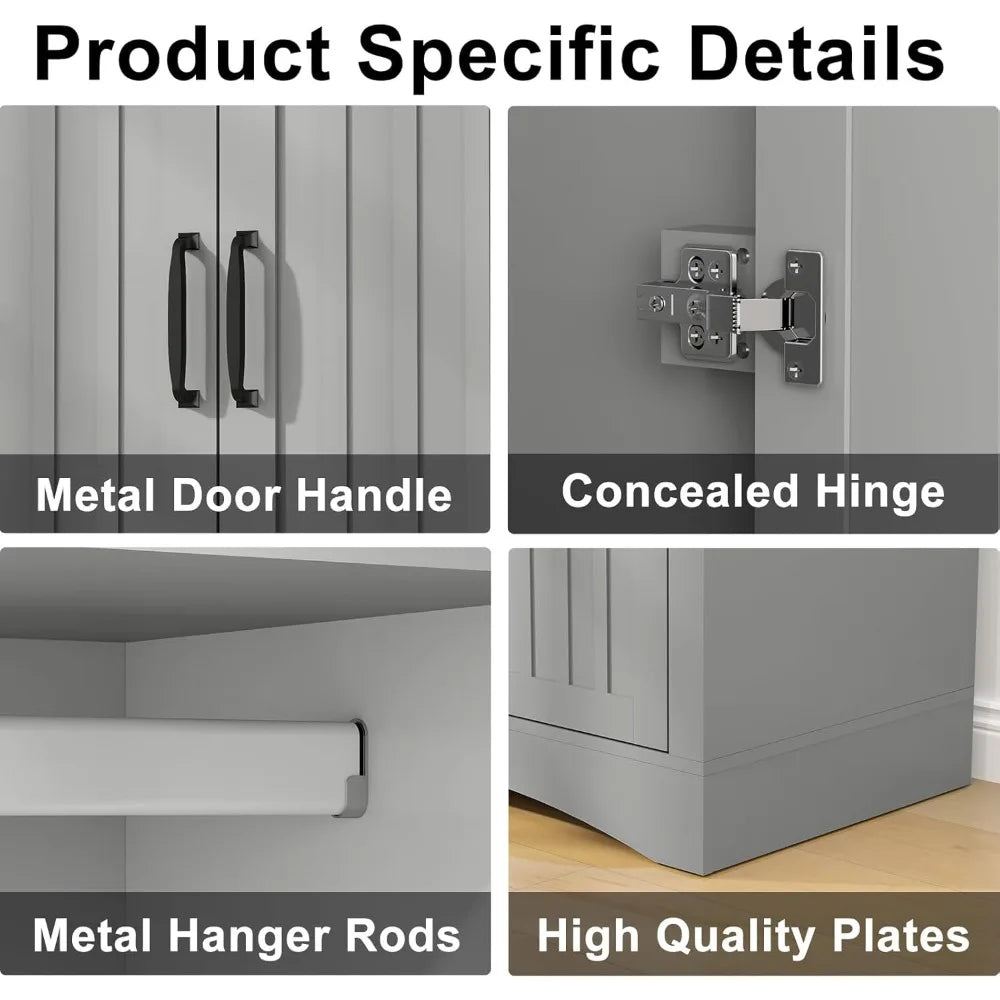 Wardrobe Closet with 4 Doors, Wooden Modern Freestanding Armoire with Shelves and Hanging Rod, Clothes Organizer Cabinet for Bed