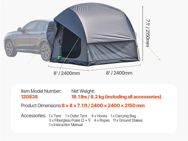 VEVOR SUV Tent for Camping Waterproof PU2000mm Spacious Double Layer Design SUV Camping Tent with Shade Awning and Mesh Windows