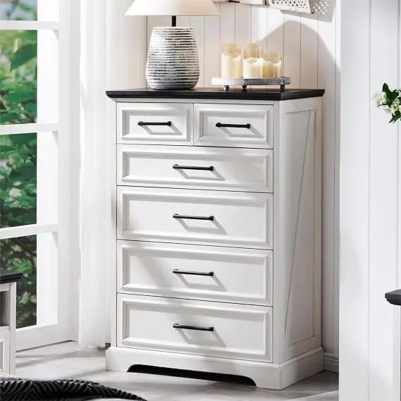 6 Drawer Dresser, Farmhouse Chest of Drawers for Bedroom, 44" Tall Kids Dresser with Large Metal Handles, Wood Drawer Organizer