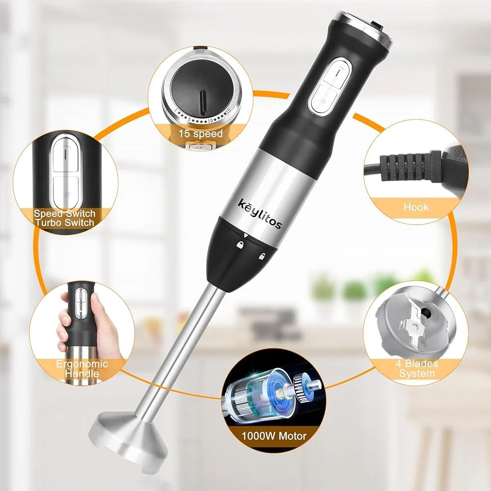 5 in 1 Immersion Hand Blender Mixer Adjustable Speed Turbo Boost Stainless Steel Blades 600ML Chopper 800ML Beaker Whisk Frother