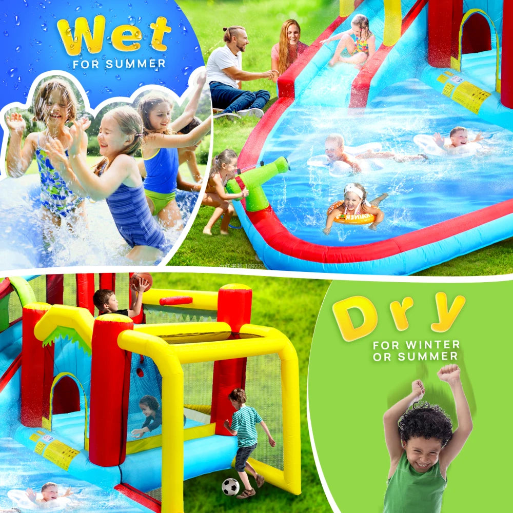 7 in1 Inflatable Slide Water Park Bouncing House Outdoor Soccer Garden Bouncer with Splash Pool Water Gun Climbing Wall