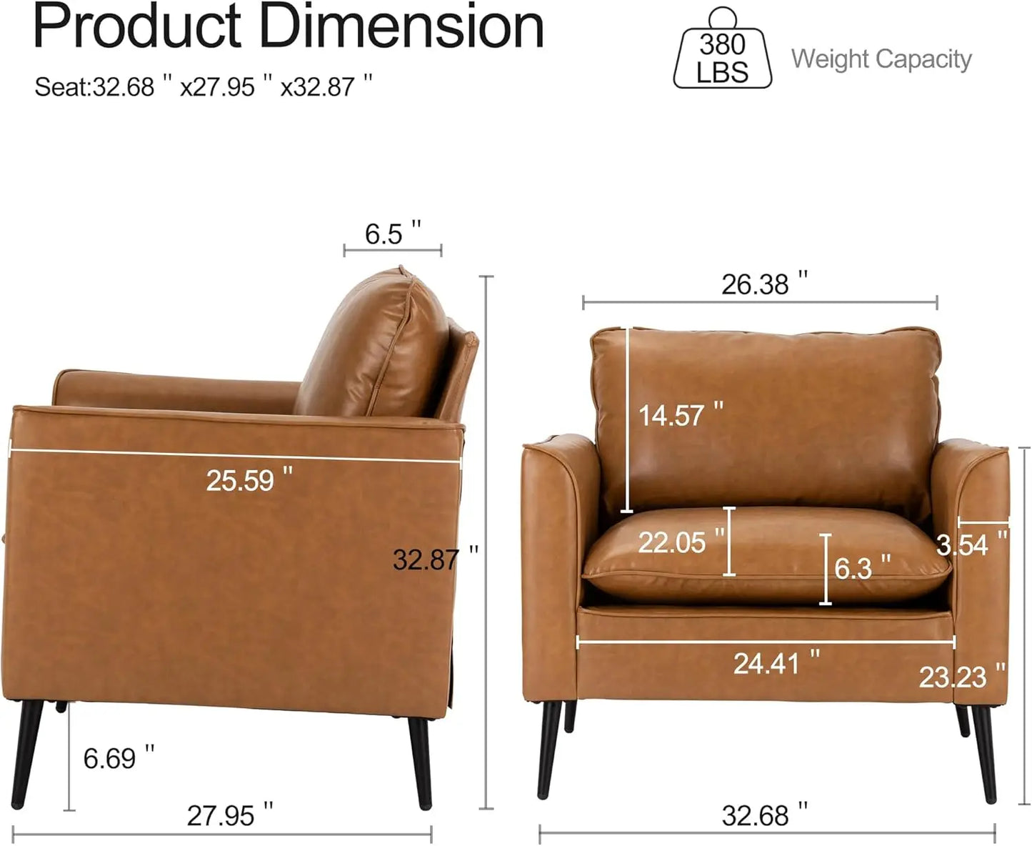 Leather Chair Set of 2, Oversized Armchair for Living Room, Mid-Century Accent Reading Chair for Bedroom Comfy, Single Sofa