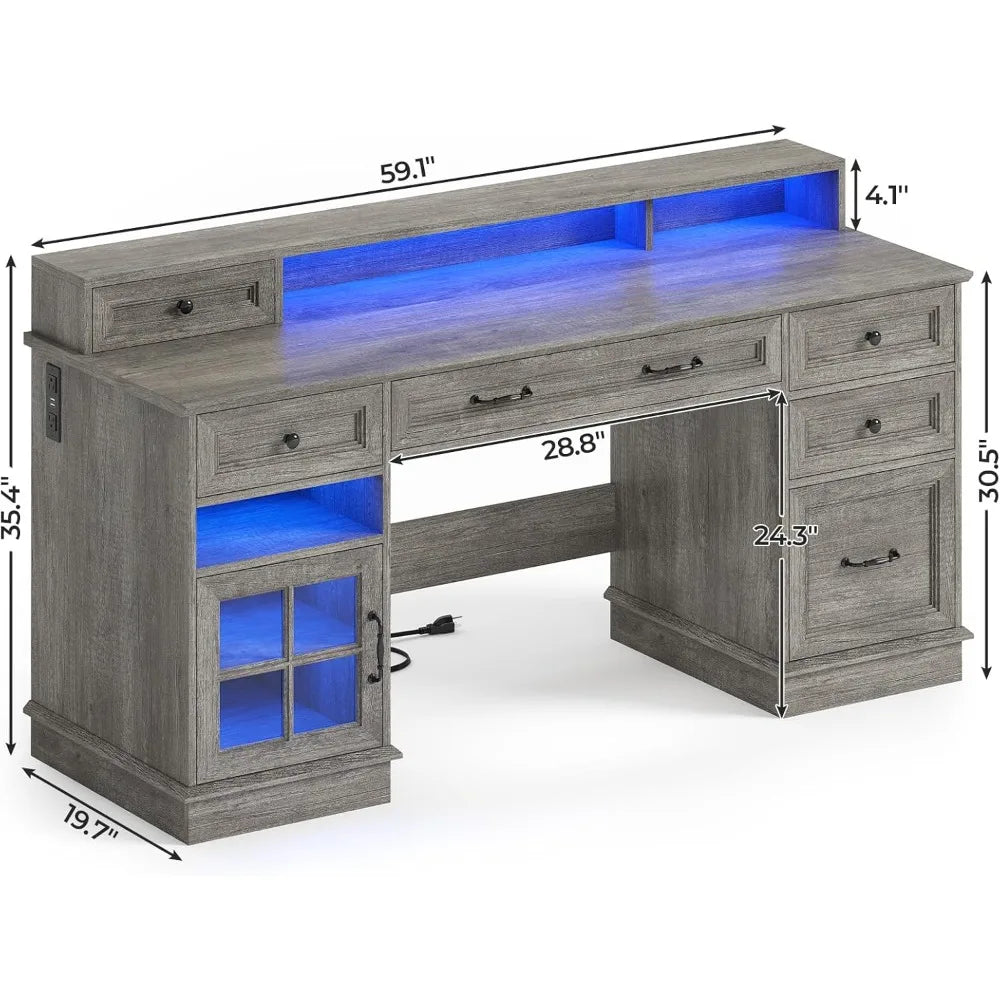 Elegant Farmhouse-Style Office Desk with File Cabinet, Computer Workstation featuring Charging Dock and LED Lighting, Complete H