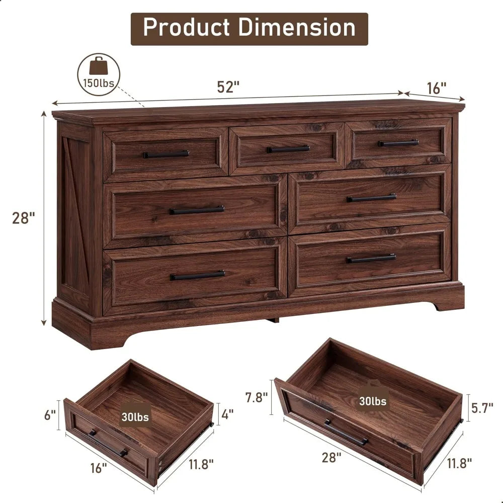 7 Drawer Dresser, Farmhouse Chest of Drawers for Bedroom, 52" Wide Kids Dresser TV Stand with Large Metal Handles, Wood Drawer O