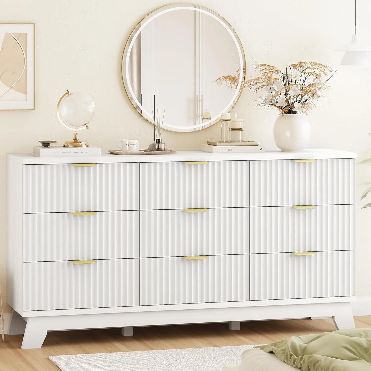 Fluted Dresser for Bedroom with 9 Drawers, 57" Wide Chest of Drawers with Metal Handle, Modern Wood Dresser TV Stand