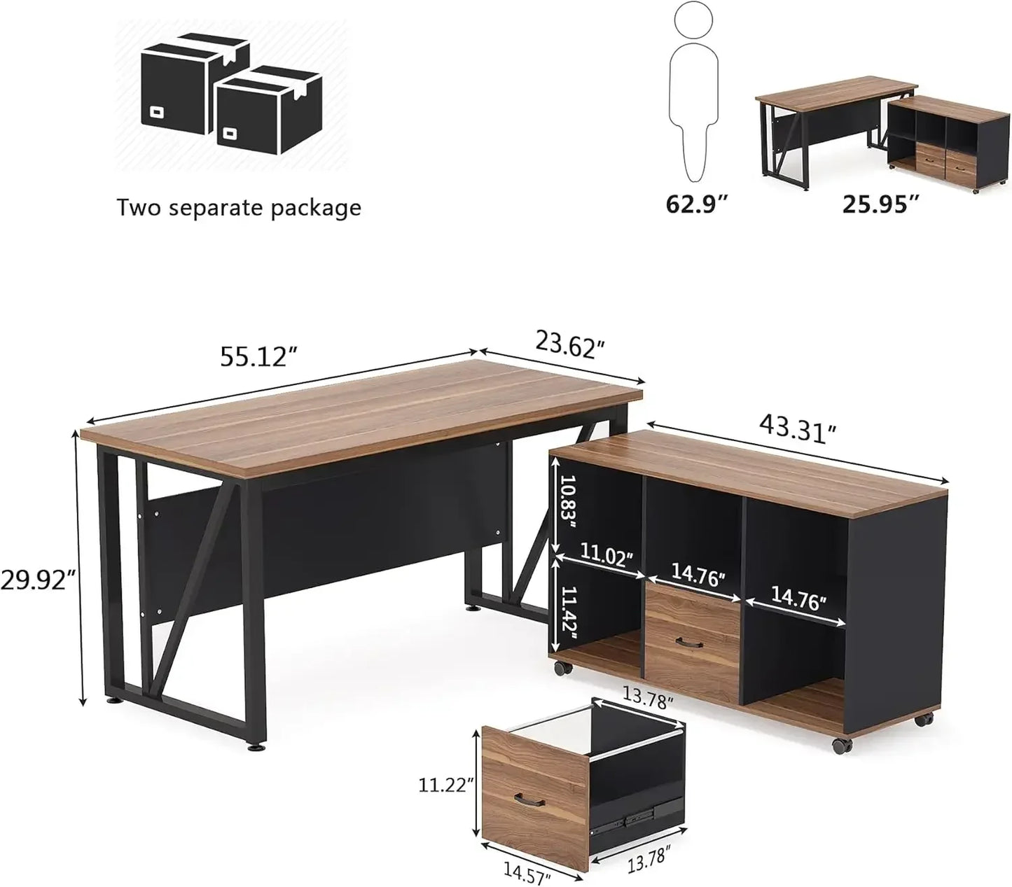 55 inches Executive Desk and 43" lateral File Cabinet, L-Shaped Computer Desk with Drawers Storage Shelves Office Table(Walnut)