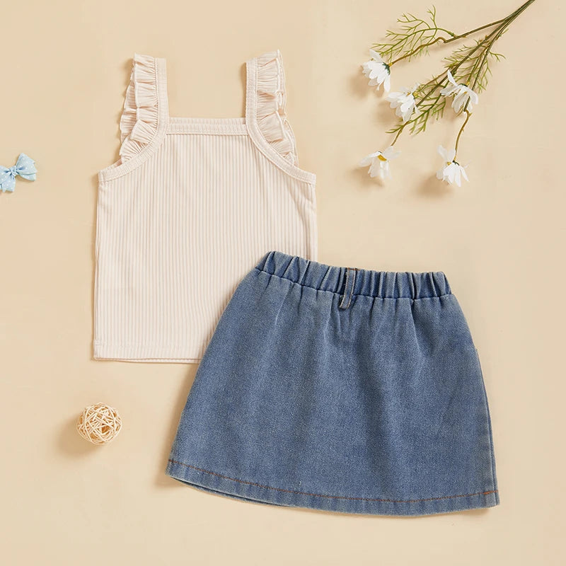 Adorable Toddler Girl Summer Outfit Ribbed Tank Top with Fly Sleeves and Bow Denim Skirt Set - Cute 2 Piece Clothes