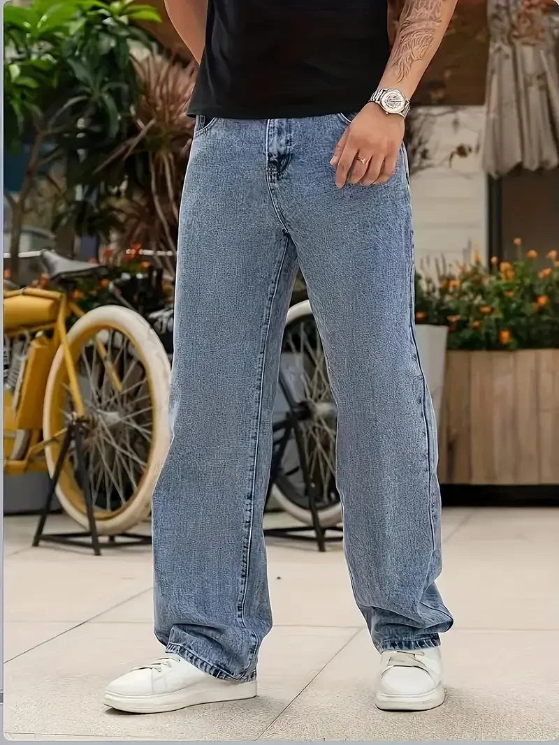 Men's Loose Fit Straight Leg Jeans - 65% Cotton 35% Polyester Blend, 390gsm Heavyweight Fabric, Japanese & Korean Streetwear Sty