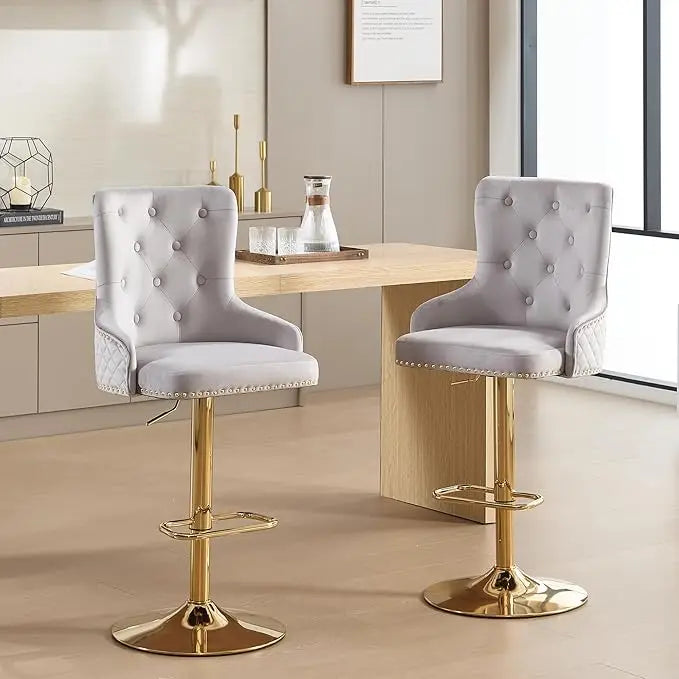 Velvet Gold Barstools Set of 2, Modern Counter Height Adjustable Swivel Stools Chairs with High Tufted Backrest Golden Base Lion