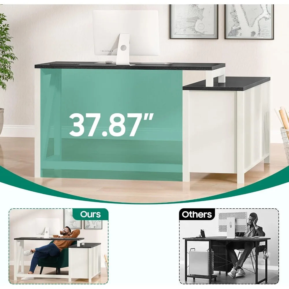 Executive L Shaped Office Desk with Drawers, Farmhouse Corner Desk for Home Office with Storage Cabinet, Computer Desk with Char