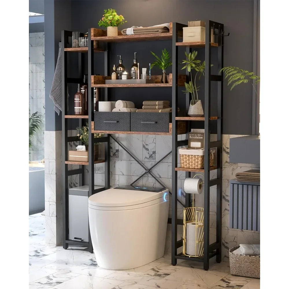 Over The Toilet Storage with 2 Drawers - 11 Tier Bathroom Organizer Freestanding Space Saver Storage Rack with Adjustable Shelf