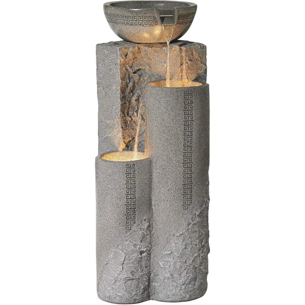 Bowl and Pillar Zen Modern Outdoor Floor Water Fountain 34 1/2" High with LED Light Cascading for Garden Patio Backyard Deck Hom