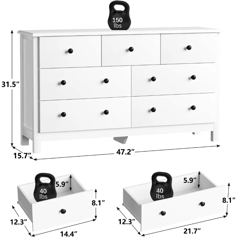 White Dresser for Bedroom, 7 Drawer Chest of Drawer with Metal Handle and Wide Drawer, Modern Wood Double Storage Organizer Dres