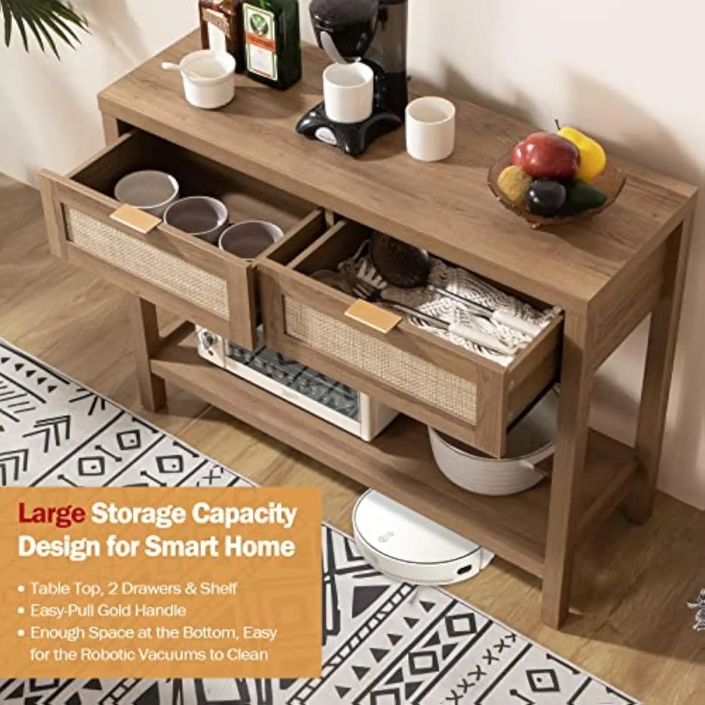 Console Table with Rattan Drawers Boho Rattan Entryway Table with Storage Small Console Tables Entryway Entry Table for Hallway