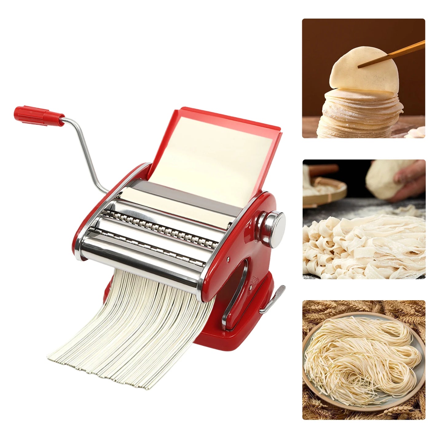 Manual Pasta Maker Machine Stainless Steel Thickness Settings Suction Cup with 6 Adjustable Red