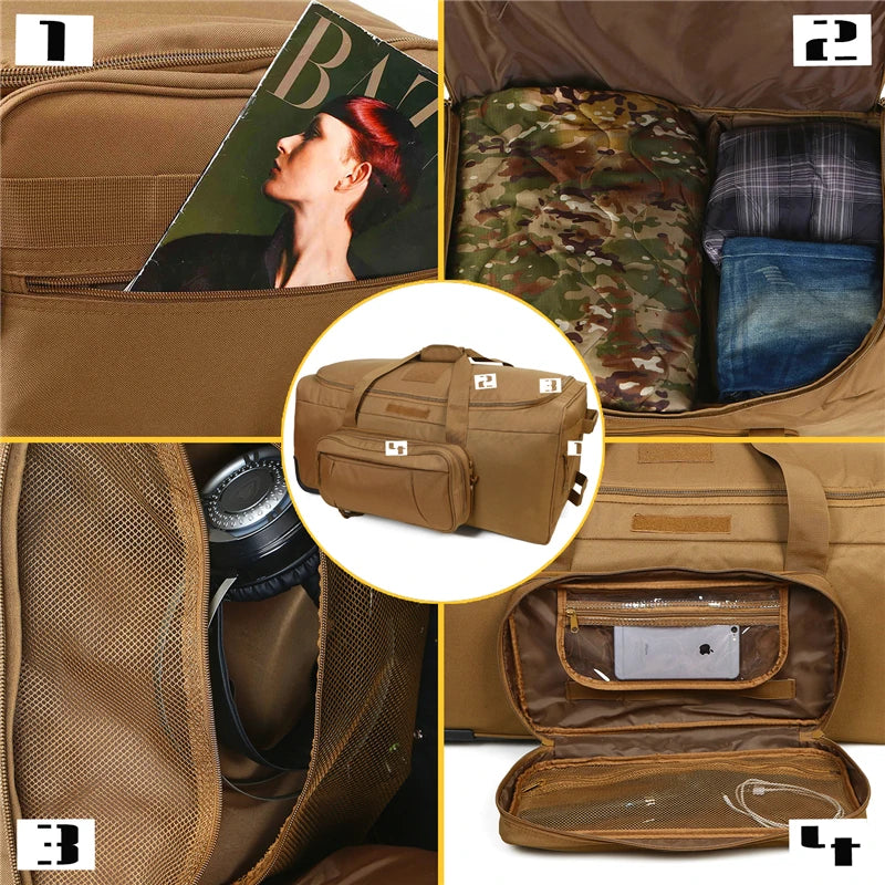 Large Capacity Military Tactical Travel Bag Wheeled Deployment Trolley Duffel Bag Heavy-Duty Camping Hiking Running Trekking