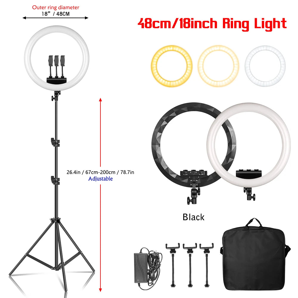 18 Inch UltraThin Ring Light LED Selfie Video Lamp With Tripod Stand Phone Clip For YouTube Live Light Photo Photography Studio